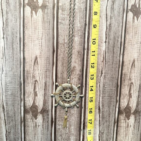 Vintage Silver Chain Wrapped Ships Wheel Nautical Necklace Pendant - Picture 3 of 7